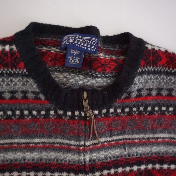 Vintage Newton Trading Red Black Knit 100% Shetland Wool Zip Cardigan Sweater L - Picture 10 of 11
